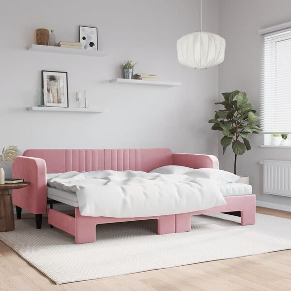 vidaXL Slaapbank onderschuifbed en matrassen 80x200 cm fluweel roze