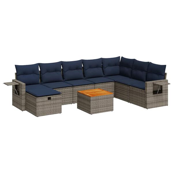 vidaXL 9-delige Loungeset met kussens poly rattan grijs