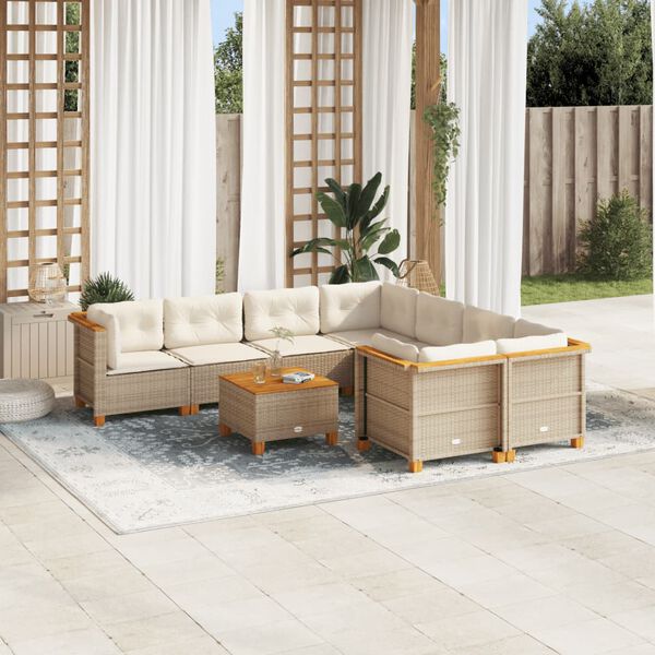 vidaXL 9-delige Loungeset met kussens poly rattan beige