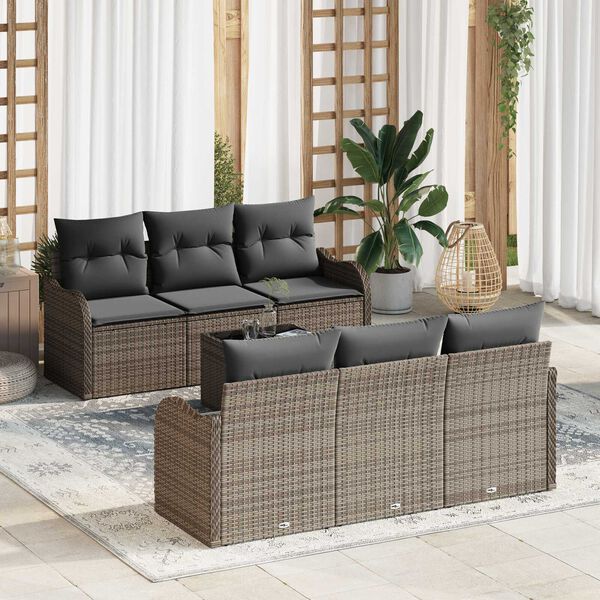 vidaXL Tuin Sofa Set met kussen 7 pcs Grijs Poly rattan, staal en glas