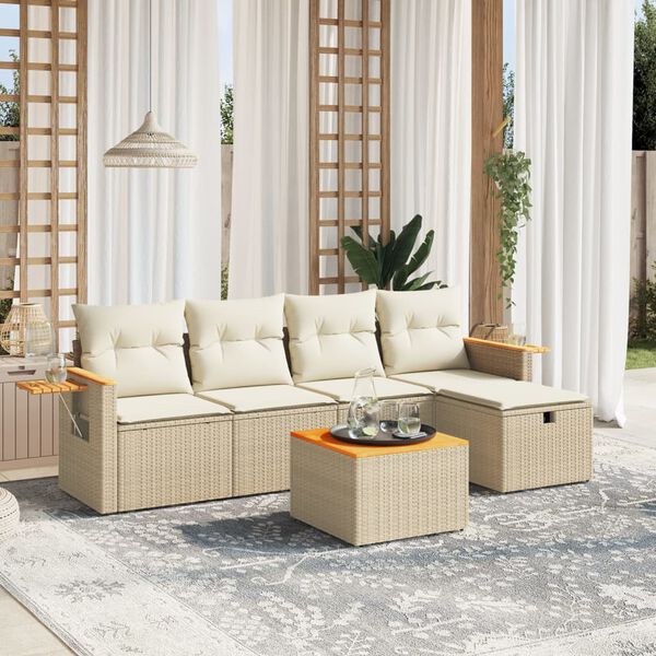 vidaXL 5-delige Loungeset met kussens poly rattan beige