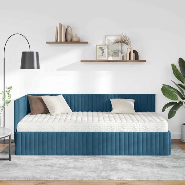 vidaXL Hoekbedframe met Matras met hoofdeinde 2 pcs Blauw Fluweel
