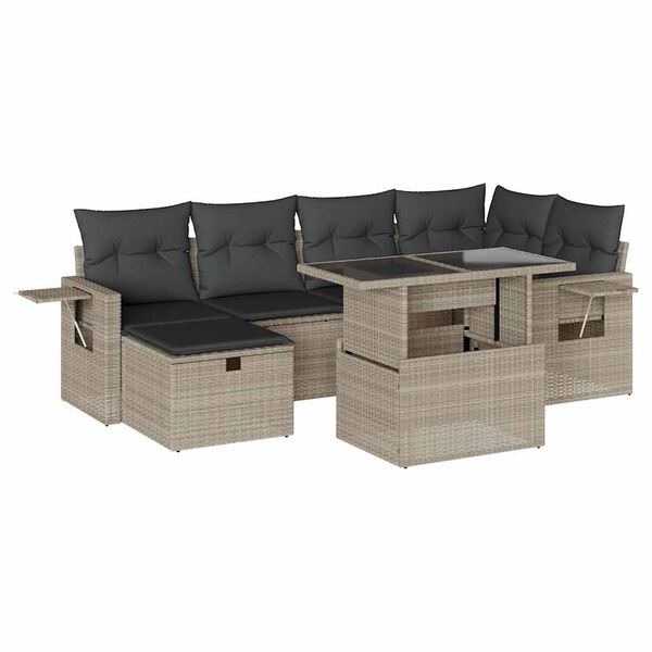 vidaXL 7-delige Loungeset met kussens poly rattan lichtgrijs