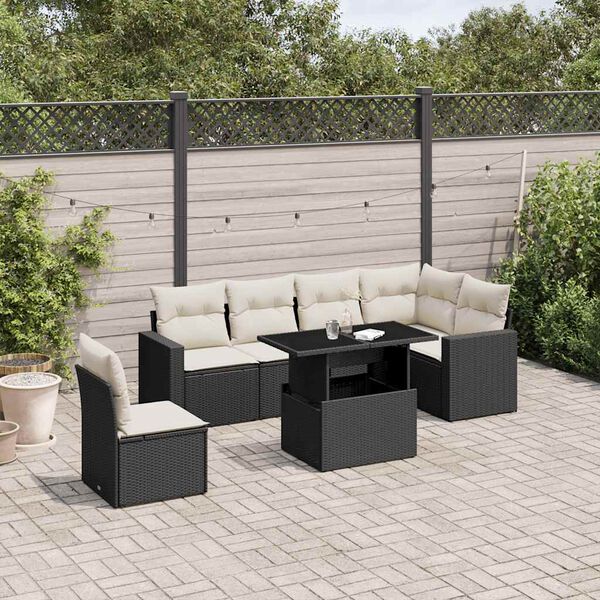 vidaXL 7-delige Loungeset met kussens poly rattan zwart