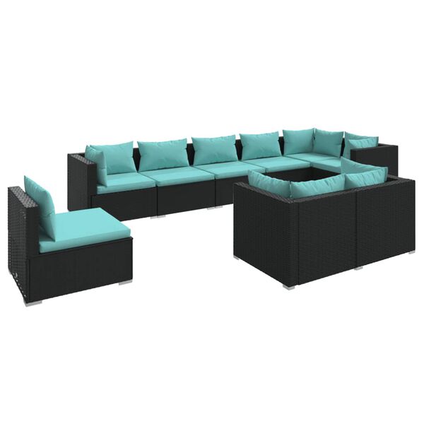 vidaXL 9-delige Loungeset met kussens poly rattan zwart
