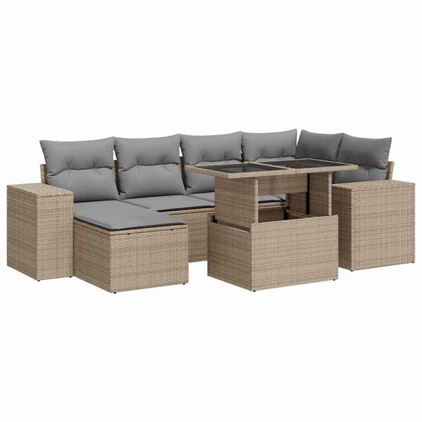 vidaXL 7-delige Loungeset met kussens poly rattan beige