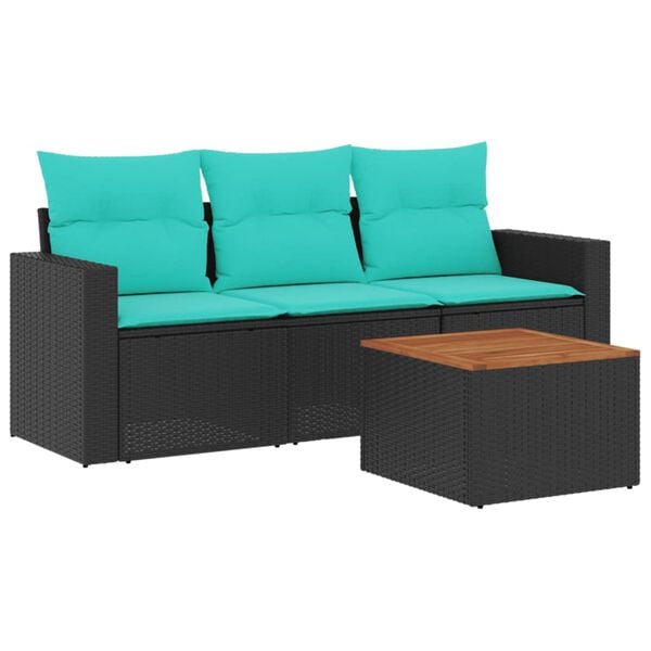 vidaXL 4-delige Loungeset met kussens poly rattan zwart