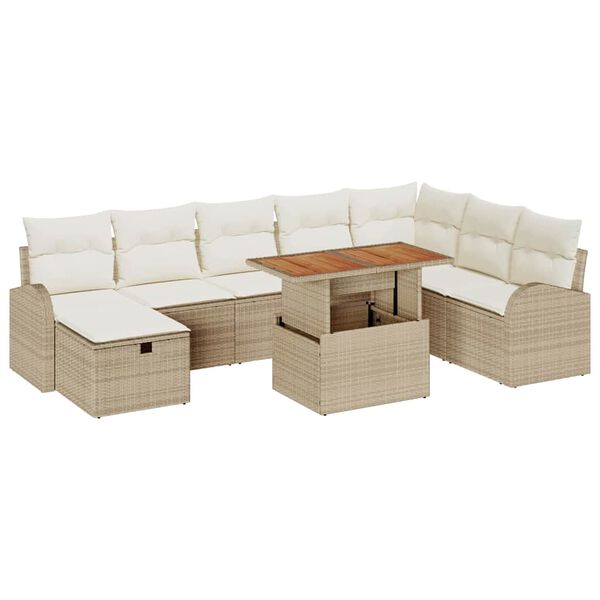 vidaXL Tuinbankenset met kussen met opslag 9 pcs Beige poly rattan