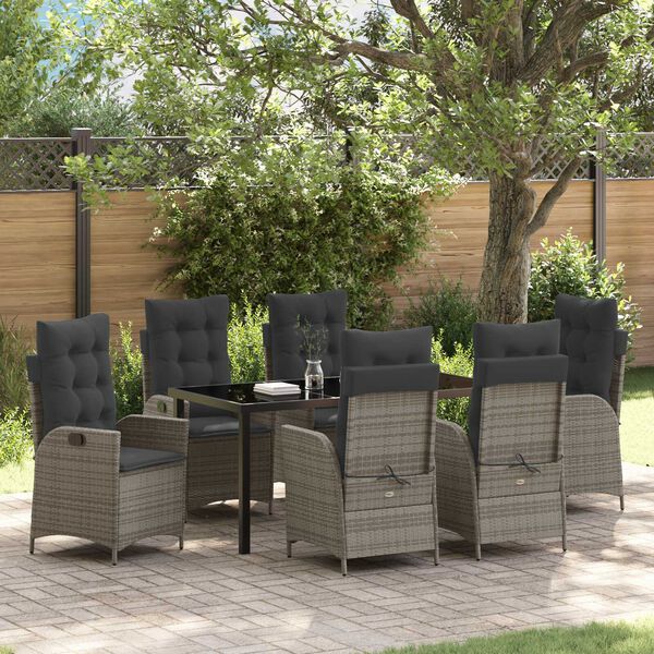 vidaXL Tuin eettafelset met kussen 7 pcs Grijs poly rattan