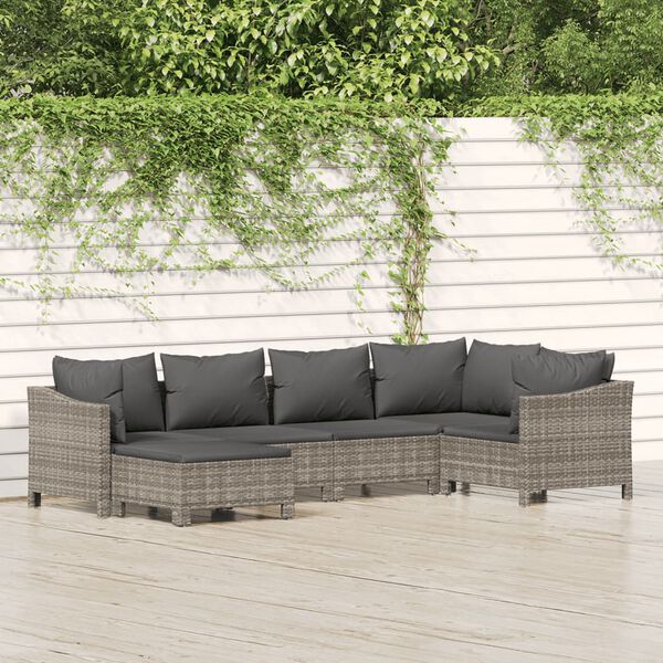 vidaXL 6-delige Loungeset met kussens poly rattan grijs