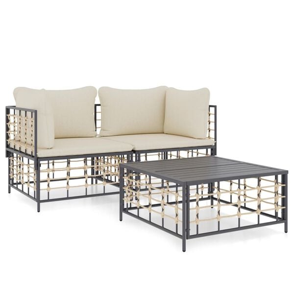 vidaXL 3-delige Loungeset met kussens poly rattan antracietkleurig