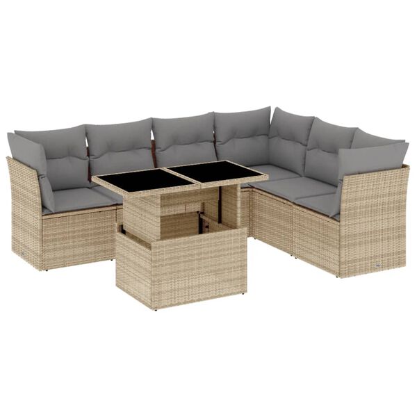 vidaXL 7-delige Loungeset met kussens poly rattan beige