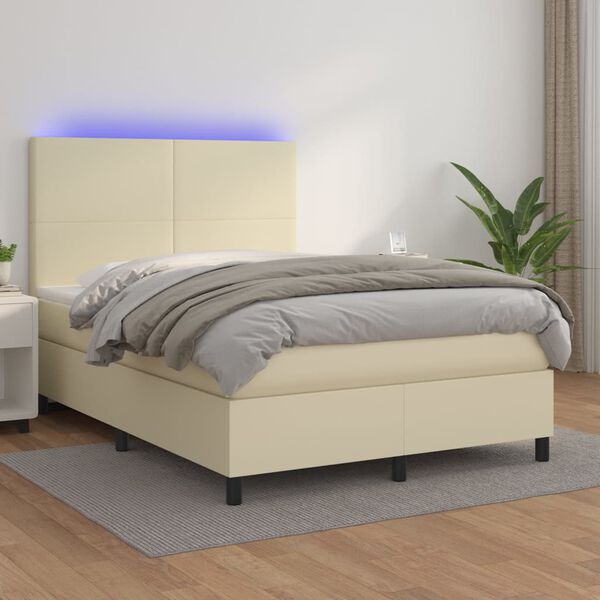 vidaXL Boxspring met matras en LED kunstleer cr&egrave;mekleurig 140x200 cm