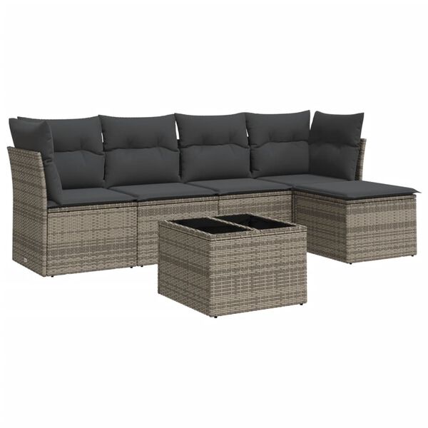 vidaXL 6-delige Loungeset met kussens poly rattan grijs