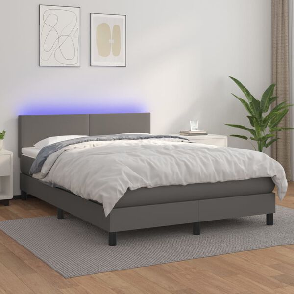 vidaXL Boxspring met matras en LED kunstleer grijs 140x190 cm