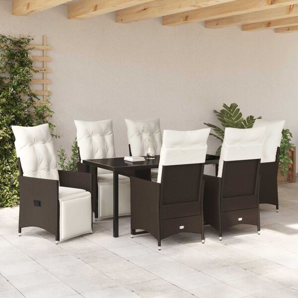 vidaXL Tuin eettafelset met kussen 7 pcs Bruin poly rattan