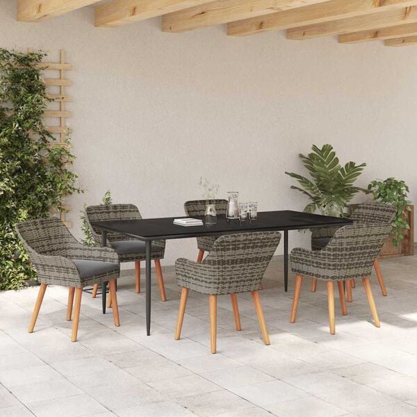 vidaXL Tuin eettafelset met kussen 7 pcs Grijs poly rattan