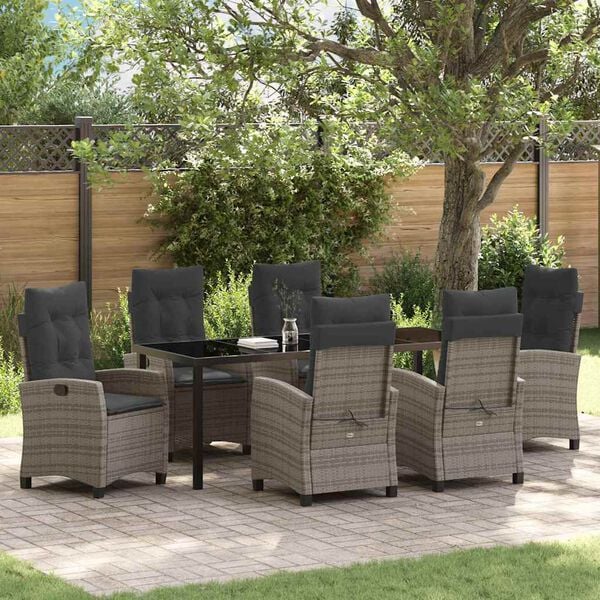 vidaXL Tuin eettafelset met kussen 7 pcs Grijs poly rattan