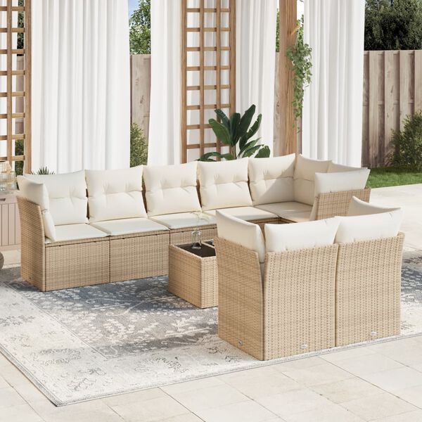 vidaXL 9-delige Loungeset met kussens poly rattan beige