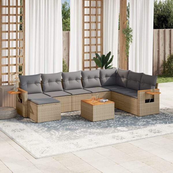 vidaXL 9-delige Loungeset met kussens poly rattan beige