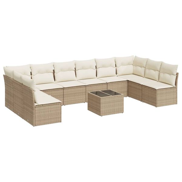 vidaXL 11-delige Tuinset met kussens poly rattan beige
