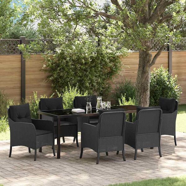 vidaXL Tuin eettafelset met kussen 7 pcs Zwart poly rattan