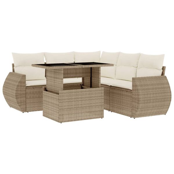 vidaXL 6-delige Loungeset met kussens poly rattan beige