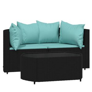 vidaXL 3-delige Loungeset met kussens poly rattan zwart