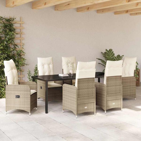 vidaXL Tuin eettafelset met kussen 7 pcs Beige poly rattan