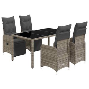 vidaXL 5-delige Bistroset met kussens poly rattan grijs