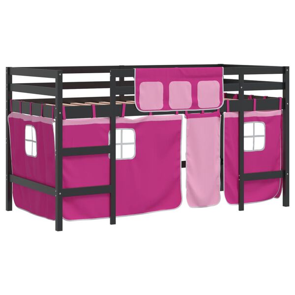 vidaXL Kinderhoogslaper met gordijnen 90x200 cm grenenhout roze