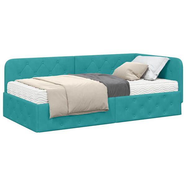 vidaXL Hoekbedframe met matras Turquoise 100 x 200 cm Fluweel
