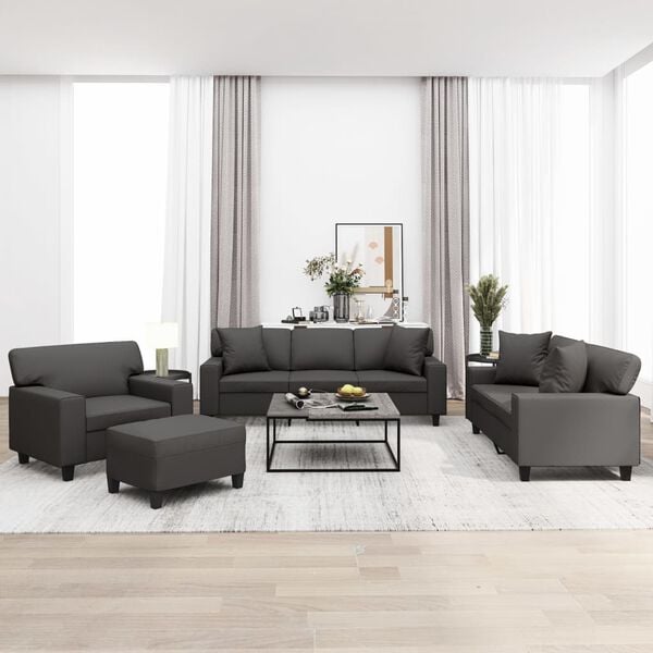 vidaXL 4-delige Loungeset met sierkussens en kussens kunstleer grijs