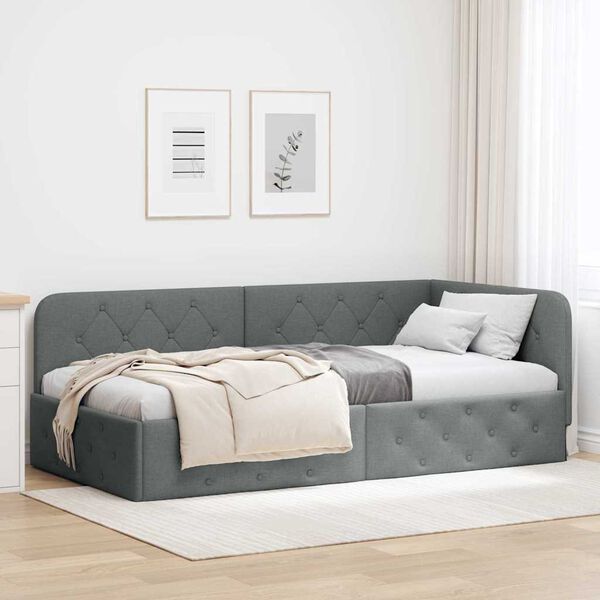 vidaXL Hoekbedframe met hoofdeinde Donkergrijs 90 x 190 cm Stof