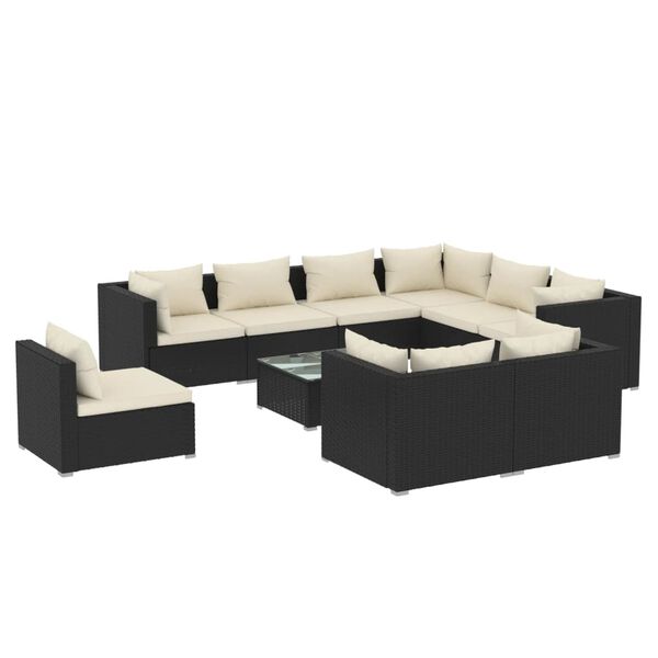 vidaXL 10-delige Loungeset met kussens poly rattan zwart