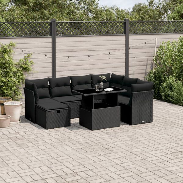 vidaXL 8-delige Loungeset met kussens poly rattan zwart