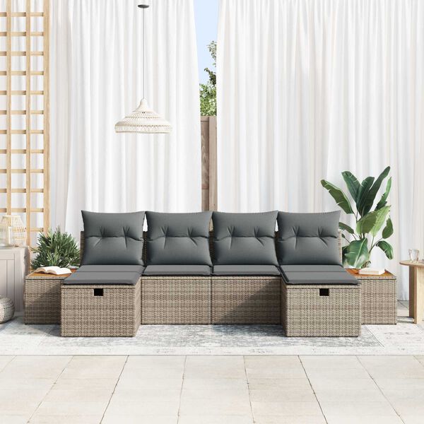 vidaXL Tuin Sofa Set met kussen met opslag 6 pcs Grijs poly rattan