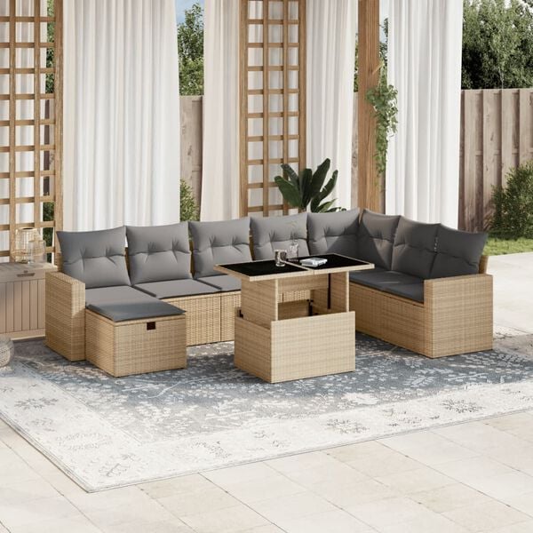 vidaXL 9-delige Loungeset met kussens poly rattan beige