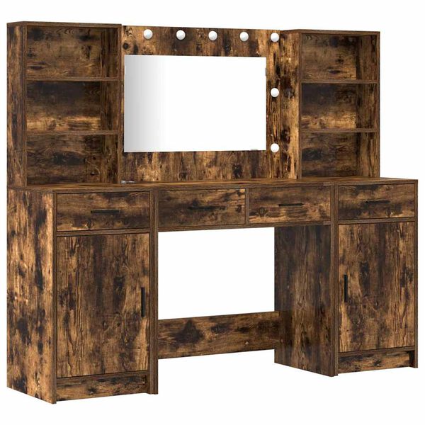 vidaXL Make-up tafel set met LED 3 pcs Gerookt eiken Bewerkt hout