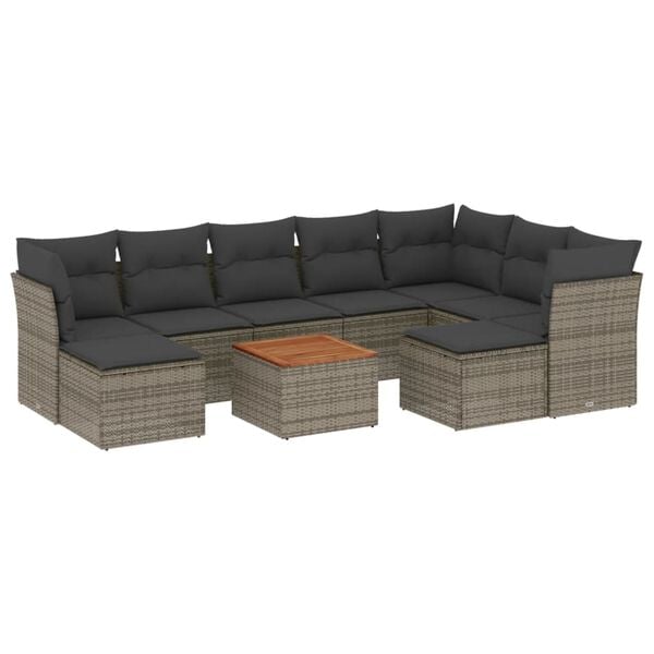 vidaXL 10-delige Loungeset met kussens poly rattan grijs