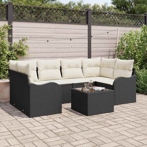 vidaXL Tuin Sofa Set 7 pcs Zwart en Cr&egrave;me Poly rattan, staal en glas