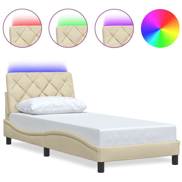 vidaXL Bedframe met LED zonder matras 90x200 cm stof cr&egrave;mekleurig