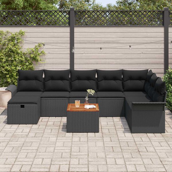vidaXL Tuinbankenset met kussen met opslag 9 pcs Zwart poly rattan