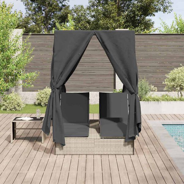 vidaXL Dubbele Zonnebed met Dak Lichtgrijs 205 x 129 x 200 cm PE riet