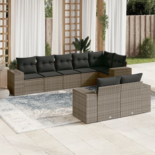 vidaXL 8-delige Loungeset met kussens poly rattan grijs