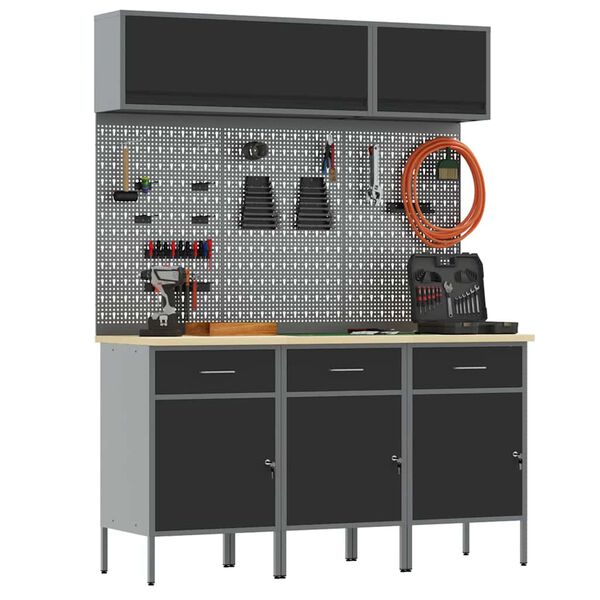 vidaXL Werkkast set met lade met opslag met slot 8 pcs Zwart