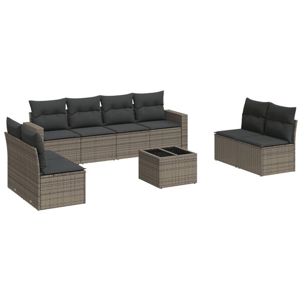 vidaXL 9-delige Loungeset met kussens poly rattan grijs