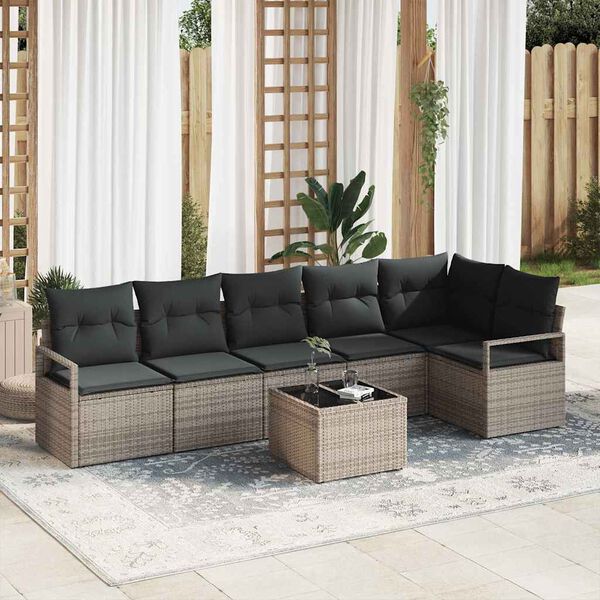 vidaXL Bankstel met kussen 7 pcs Grijs poly rattan