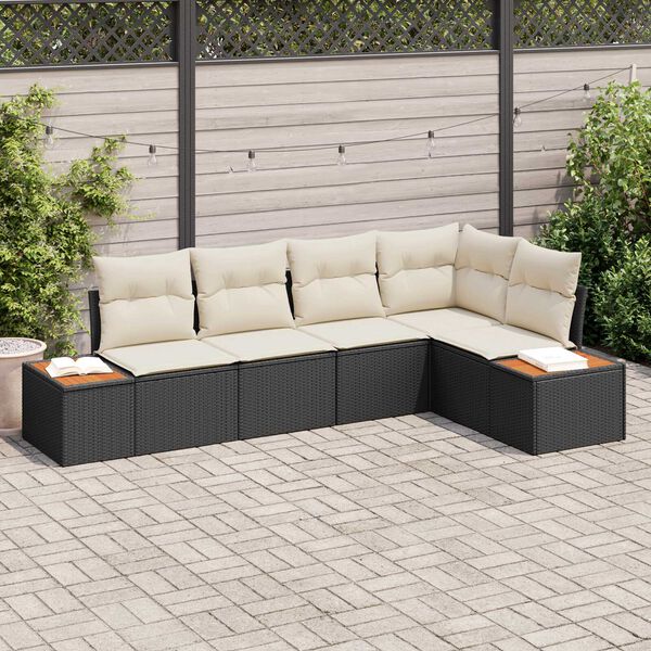 vidaXL Tuin Sofa Set met kussen 5 pcs Zwart en cr&egrave;me Poly riet