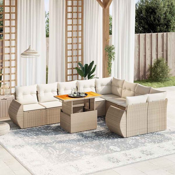 vidaXL 10-delige Loungeset met kussens poly rattan beige